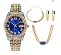 Two-tone steel watch set with blue dial, necklace, bracelet, and crystal earrings - Blue Set 3 (Orange Box)