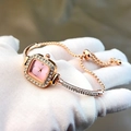 Fashionable rose gold square watch with pink rhinestone dial and adjustable bracelet strap - Pink