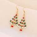 Festive gold Christmas tree drop earrings with colorful enamel and white snow accents - Classic Christmas Tree