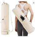 Bolsa de lona beige para esterilla de yoga con correa ajustable y bolsillo para botella - Beige