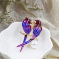 Vibrant enamel owl brooch with purple gradient wings and a large white pearl drop - DY02-Double Birds on Branch