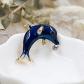 Blue enamel dolphin brooch with gold trim and rhinestones on elegant ceramic plate - DY10-Dolphin