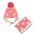 Ensemble bonnet et écharpe tricotés roses avec cœurs blancs et doublure polaire - Rouge Pastèque