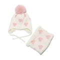 Ensemble bonnet en tricot et tour de cou à motif cœur rose et blanc doublé polaire - Blanc