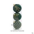 Set di 3 palline di Natale da 8cm in velluto verde scuro con motivi glitterati oro - Set di 3 / Palla floccata verde scuro da 8 cm