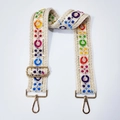 Close-up of bohemian guitar style strap with colorful embroidery and gold metal hooks - Off-white 1 (Geometric Floral Embroidery)