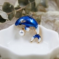 Exquisite blue enamel whale brooch with crystal rhinestones and a white pearl drop - DY09-Dark Blue Whale