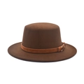 Classic dark brown wool felt fedora hat with flat top and leather band with gold buckle - M(56-58cm) / Coffee