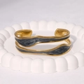 Minimalist gold plated stainless steel open bangle with dark grey enamel abstract inlay - Pearlescent Black