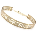 Detailed view of golden hollow floral metal belt with adjustable chain and ball charm - 3.5cm / Gold Hollow