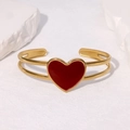 Detailed view of adjustable gold-plated stainless steel cuff with a red enamel heart - Wine Red (SZ090)