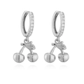 Detailed close-up of cherry drop earrings with sparkling pavé cubic zirconia - Silver Smooth Surface Cherry Earrings