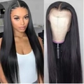 Long straight black synthetic lace front wig for women with realistic natural hairline - Black Straight