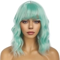 Short wavy mint green wig with airy bangs for women festival cosplay hair style - Mint Green