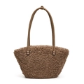Brown fuzzy teddy tote bag with premium leather handles and fluffy lamb wool texture - Camel