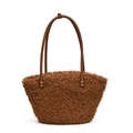 Brown faux shearling tote bag with leather handles and decorative beads for women - Brown