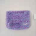 Fashionable leopard print plush makeup bag in purple and blue faux fur with logo label - Makeup Bag / Purple Leopard
