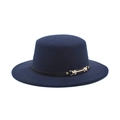 Detailed view of navy blue wool felt flat top hat with black leather strap and gold buckle - M(56-58cm) / Navy Blue
