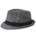 Classic grey and black plaid fedora hat with a black ribbon band for men and women - 56-58cm / Black & White Check