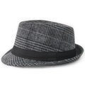 Classic British fedora hat with black and grey plaid wool pattern and wide black ribbon - 56-58cm / Black Grey Plaid