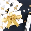 Modern white Christmas gift wrap featuring black and gold tree patterns with a gold satin bow - White Tree / 50*70cm 1 Sheet