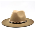 Camel felt wide brim fedora hat with gold metal chain and black leather woven decorative band - M (56-58cm) / Khaki