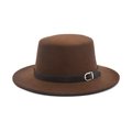Detail of flat top brown wool felt boater hat with black leather band and gold buckle - M (56-58cm) / Coffee