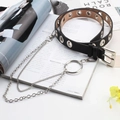 Punk style black PU leather belt with silver eyelets and double metal chains on a magazine - Black