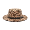 Detailed view of leopard print boater hat with black leather belt and silver metal buckle - M(56-58cm) / Camel