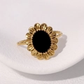 Vintage gold-plated stainless steel ring with oval black stone and sunburst frame - Black