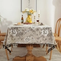 Floral print cotton linen tablecloth with black tassels for American pastoral style dining - Square Tabletop Cover / Black and White Peony with Black Tassels