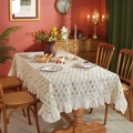 Detail of floral rectangular tablecloth with ruffled edges on a vintage wooden table - 90*90cm / Full Print Green Plant Lotus