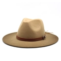 Classic camel wool fedora hat with a stylish leather band and metal buckle accent - Khaki