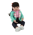 Lifelike reborn baby doll with dark hair, red bow, green hoodie and blue jeans - Gray Denim / 48cm