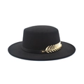 Close-up of black wool felt flat top hat featuring a luxury gold leaf metal ornament - M (56-58cm) / Black