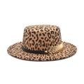 Leopard print flat top fedora hat with a black band and gold feather metal accessory - M(56-58cm) / Camel