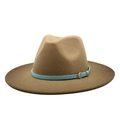 British style khaki fedora wool hat with light blue leather band and gold buckle detail - Khaki