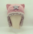 Bonnet en tricot rose avec oreilles de chat, patch étoile et doublure fausse fourrure - Rose