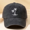Detail of white embroidered coconut tree on vintage washed black cotton baseball cap - One Size / Black