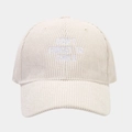 Detail of embroidered 'DON'T FORGET TO SMILE' text on cream corduroy baseball cap - Adjustable / White