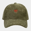 Detail of red heart embroidery on olive green corduroy baseball cap with soft texture - Adjustable / Army Green