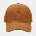 Close-up of heart embroidery on brown corduroy texture of the classic baseball cap - Adjustable / Camel