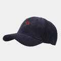 Detail view of navy blue corduroy baseball cap with red rose floral embroidery - Adjustable / Navy Blue