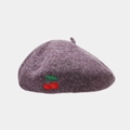 Close-up of purple wool beret featuring detailed red cherry embroidery on a white background - One Size / Flower Purple