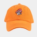 Detail shot of three red and white mushroom embroidery on an orange baseball cap - Adjustable / Orange
