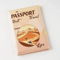 Beige faux leather travel passport holder with UV desert camel and airplane prints - Yellow