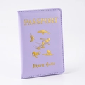 Detail of purple PU leather passport cover with gold embossed sports silhouette patterns - Purple