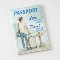 Macro detail of UV-printed blue passport holder featuring travel-themed illustrations - Boy Blue / 14×10cm
