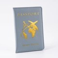 Detail of grey PU leather passport cover with gold embossed HAPPY TRAVEL text and pattern - Haze Blue