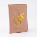 Pink PU leather passport cover with gold foil Happy Travel text and plane graphics - Pink